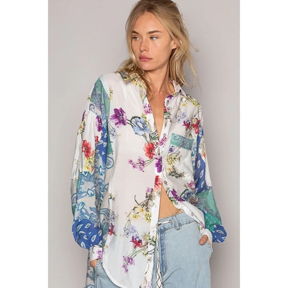 POL Ivory & Teal Blue Floral & Paisley Print Relaxed Fit Button Up Shirt - Picture 12 of 13